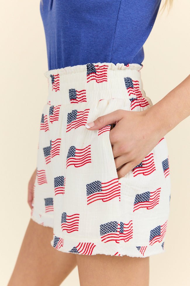 Ready For A Change Cream Flag Print Gauze Shorts - ShopLorca