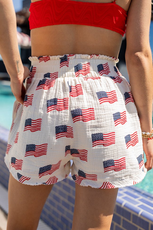 Ready For A Change Cream Flag Print Gauze Shorts - ShopLorca