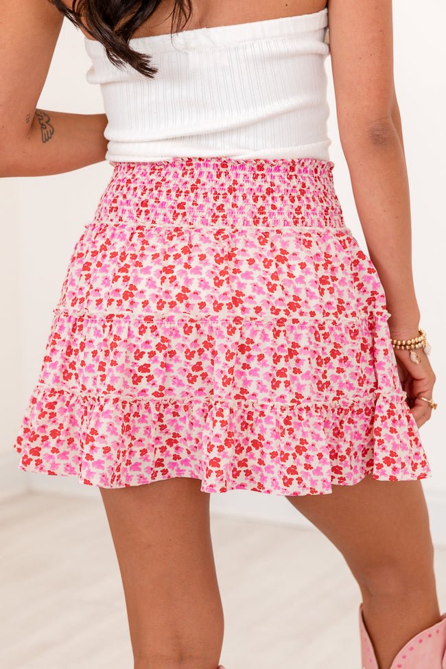 Through The Garden Ivory Pink And Red Floral Mini Skort SALE - ShopLorca